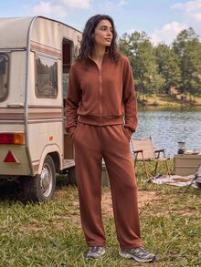 Exploreva Women's Brown Zipper Long Sleeve Sweatshirt And Sweatpants Casual Sports Set - Brown - View 3