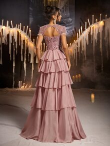 Glamrae Elegant Olive Green Satin Chiffon Sequins Sequins Beaded One Shoulder Draped Ruched Cape Slit A Line Train Wedding Guest Prom Autumn Evening Gown - Baby Pink - View 6