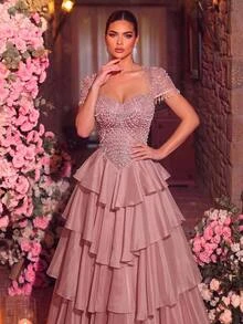 Glamrae Elegant Olive Green Satin Chiffon Sequins Sequins Beaded One Shoulder Draped Ruched Cape Slit A Line Train Wedding Guest Prom Autumn Evening Gown - Baby Pink - View 4