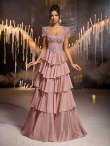 Glamrae Elegant Olive Green Satin Chiffon Sequins Sequins Beaded One Shoulder Draped Ruched Cape Slit A Line Train Wedding Guest Prom Autumn Evening Gown - Baby Pink - View 7