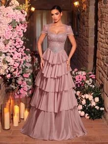 Glamrae Elegant Olive Green Satin Chiffon Sequins Sequins Beaded One Shoulder Draped Ruched Cape Slit A Line Train Wedding Guest Prom Autumn Evening Gown - Baby Pink - View 3