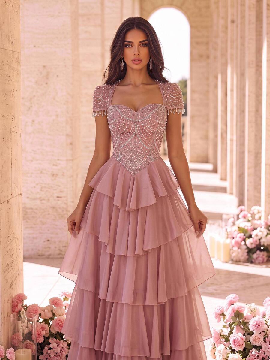 Glamrae Elegant Olive Green Satin Chiffon Sequins Sequins Beaded One Shoulder Draped Ruched Cape Slit A Line Train Wedding Guest Prom Autumn Evening Gown - Baby Pink - View 1