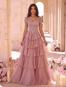 Glamrae Elegant Olive Green Satin Chiffon Sequins Sequins Beaded One Shoulder Draped Ruched Cape Slit A Line Train Wedding Guest Prom Autumn Evening Gown - Baby Pink - View 2