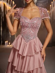 Glamrae Elegant Olive Green Satin Chiffon Sequins Sequins Beaded One Shoulder Draped Ruched Cape Slit A Line Train Wedding Guest Prom Autumn Evening Gown - Baby Pink - View 5