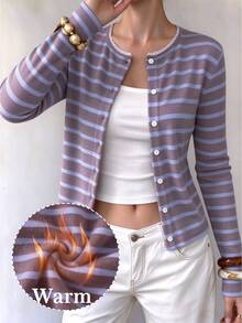 SHEIN PariChic Women's Daily Cute Basic Long Sleeve Striped Button-Front Top Cardigan Brunch Brown And Blue Autumn-Winter Brunch Office Back To School - Multicolor - View 6
