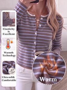 SHEIN PariChic Women's Daily Cute Basic Long Sleeve Striped Button-Front Top Cardigan Brunch Brown And Blue Autumn-Winter Brunch Office Back To School - Multicolor - View 3