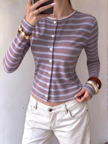 SHEIN PariChic Women's Daily Cute Basic Long Sleeve Striped Button-Front Top Cardigan Brunch Brown And Blue Autumn-Winter Brunch Office Back To School - Multicolor - View 5