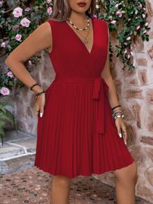Rometta Plus Size V-Neck Solid Color Cross-Wrap Pleated Sleeveless Summer Dress, For Christmas, Thanksgiving Burgundy Color Women Outfit - Burgundy - View 10