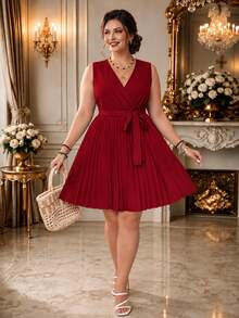 Rometta Plus Size V-Neck Solid Color Cross-Wrap Pleated Sleeveless Summer Dress, For Christmas, Thanksgiving Burgundy Color Women Outfit - Burgundy - View 3