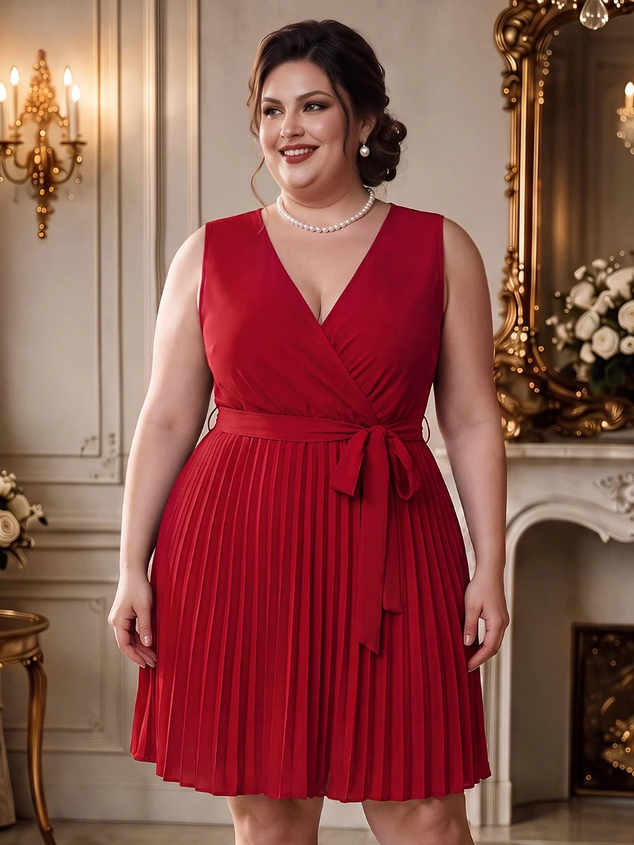 Rometta Plus Size V-Neck Solid Color Cross-Wrap Pleated Sleeveless Summer Dress, For Christmas, Thanksgiving Burgundy Color Women Outfit - Burgundy - View 1
