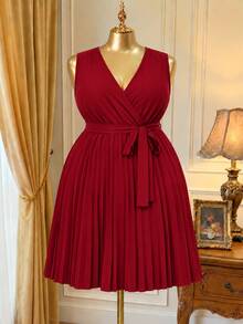Rometta Plus Size V-Neck Solid Color Cross-Wrap Pleated Sleeveless Summer Dress, For Christmas, Thanksgiving Burgundy Color Women Outfit - Burgundy - View 11
