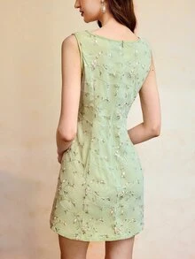 Vintamour Vintage Floral Print Fitted Embroidered Dress, Spring/Summer, Square Collar A-Line Green Flower For Women Wedding Guest Graduation Elegant Summer - Green - View 2