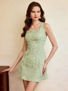 Vintamour Vintage Floral Print Fitted Embroidered Dress, Spring/Summer, Square Collar A-Line Green Flower For Women Wedding Guest Graduation Elegant Summer - Green - View 5