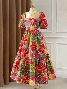 Rometta 大尺碼女款方領泡泡袖紅色印花收腰傘擺陽光裙，適合早午餐、海灘、夏季波希米亞風 - 彩色 - 查看 4