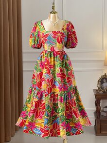Rometta 大尺碼女款方領泡泡袖紅色印花收腰傘擺陽光裙，適合早午餐、海灘、夏季波希米亞風 - 彩色 - 查看 5