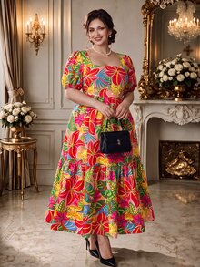 Rometta 大尺碼女款方領泡泡袖紅色印花收腰傘擺陽光裙，適合早午餐、海灘、夏季波希米亞風 - 彩色 - 查看 2