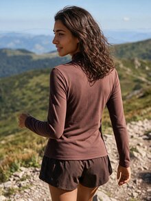 Exploreva Women's Outdoor Brown Double-Sided Fleece Long Sleeve T-Shirt - Brown - View 2