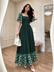 Modelyn Daisy Print Green Shore Women's Floral Dress, Women's Fashion Square Neck Cap Sleeve Dress, Hem Patchwork Ruffle Design, Summer Vacation Style Dress - Multicolor - View 1