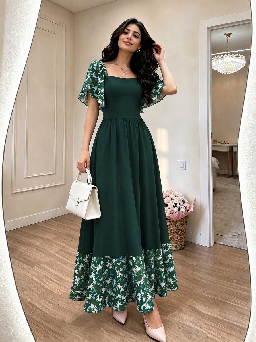 Modelyn Daisy Print Green Shore Women's Floral Dress, Women's Fashion Square Neck Cap Sleeve Dress, Hem Patchwork Ruffle Design, Summer Vacation Style Dress - Multicolor - View 1