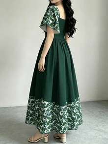 Modelyn Daisy Print Green Shore Women's Floral Dress, Women's Fashion Square Neck Cap Sleeve Dress, Hem Patchwork Ruffle Design, Summer Vacation Style Dress - Multicolor - View 2