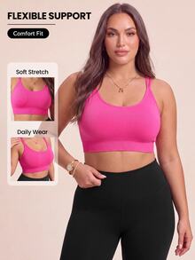 SHEIN Rhythm Era Plus Size Women's Seamless Sports Bra With Criss-Cross Back Strap - Hot Pink - View 1