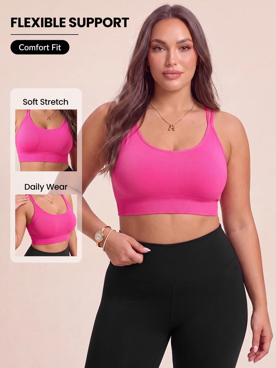 SHEIN Rhythm Era Plus Size Women's Seamless Sports Bra With Criss-Cross Back Strap - Hot Pink - View 1