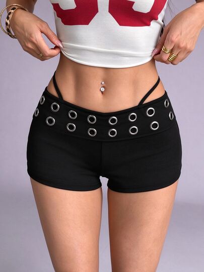 Nooralise Women's Casual Sexy Everyday After Party Night Wear Eyelet Decor Shorts Black Summer