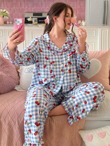 Slumberry CURVE Plus Size Women's Plaid Cherry Single-Breasted Top And Pants Pajama Set - Multicolor - View 1