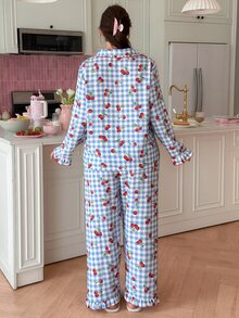 Slumberry CURVE Plus Size Women's Plaid Cherry Single-Breasted Top And Pants Pajama Set - Multicolor - View 2