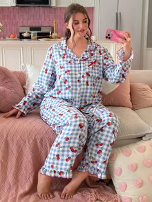 Slumberry CURVE Plus Size Women's Plaid Cherry Single-Breasted Top And Pants Pajama Set - Multicolor - View 4