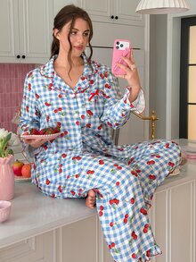Slumberry CURVE Plus Size Women's Plaid Cherry Single-Breasted Top And Pants Pajama Set - Multicolor - View 6