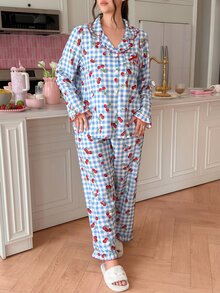 Slumberry CURVE Plus Size Women's Plaid Cherry Single-Breasted Top And Pants Pajama Set - Multicolor - View 5