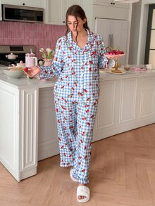 Slumberry CURVE Plus Size Women's Plaid Cherry Single-Breasted Top And Pants Pajama Set - Multicolor - View 3