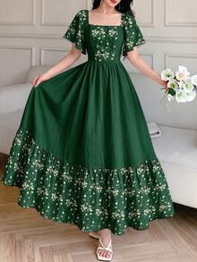 Modelyn Floral Print Fashion Square Neck Large Bell Sleeve Cap Sleeve Dress, Summer Cinched Waist Mid-Length Dress, Floral Pattern Burgundy Long Dress - Multicolor - View 5