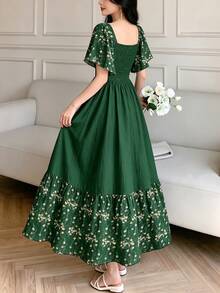 Modelyn Floral Print Fashion Square Neck Large Bell Sleeve Cap Sleeve Dress, Summer Cinched Waist Mid-Length Dress, Floral Pattern Burgundy Long Dress - Multicolor - View 2