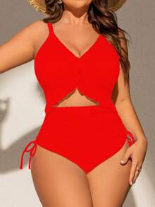 Swim Chiccia Red Plus Size Women One-Piece Swimsuit,Deep V-Neck,Adjustable Straps,Removable Pads,Frill Trim,Drawstring Waist,Summer Beach & Vacation Style - Red - View 7