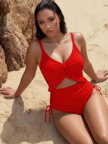 Swim Chiccia Red Plus Size Women One-Piece Swimsuit,Deep V-Neck,Adjustable Straps,Removable Pads,Frill Trim,Drawstring Waist,Summer Beach & Vacation Style - Red - View 2