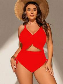 Swim Chiccia Red Plus Size Women One-Piece Swimsuit,Deep V-Neck,Adjustable Straps,Removable Pads,Frill Trim,Drawstring Waist,Summer Beach & Vacation Style - Red - View 6