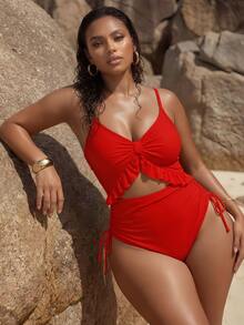 Swim Chiccia Red Plus Size Women One-Piece Swimsuit,Deep V-Neck,Adjustable Straps,Removable Pads,Frill Trim,Drawstring Waist,Summer Beach & Vacation Style - Red - View 4