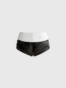 ROMWE Y2K Fold-Over Waist Contrast Color Ultra Low-Rise Mini Camo Print Streetwear Women's Denim Shorts - Army Green - View 3
