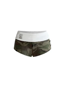 ROMWE Y2K Fold-Over Waist Contrast Color Ultra Low-Rise Mini Camo Print Streetwear Women's Denim Shorts - Army Green - View 1