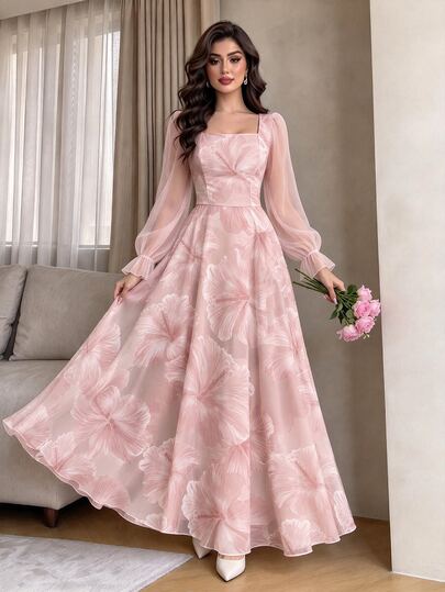 Modelyn Robe longue pour femmes à col carré et manches lanternes, motif floral Hibiscus marguerite. Robe cintrée à la taille, motif floral rose pâle. Convient pour les vacances d'été et le port quotidien.