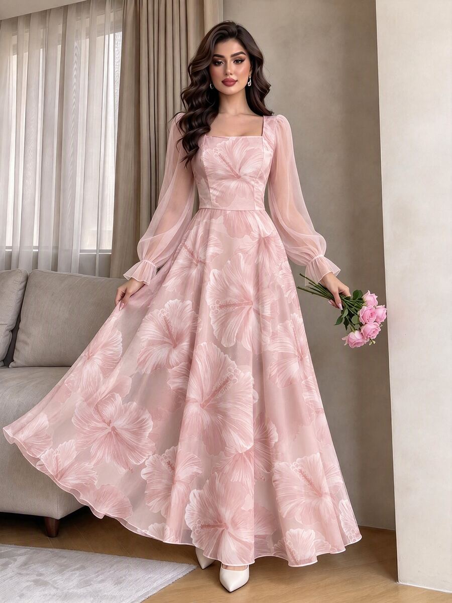 Modelyn 芙蓉碎花时尚方领灯笼袖女士长连衣裙,夏季收腰连衣裙,浅粉色碎花连衣裙,适合夏季度假和日常穿着 - 彩色 - 查看 1