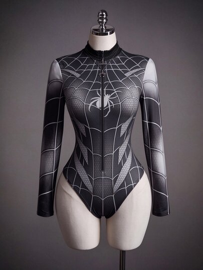 SHEIN ICON Women's Spider Pattern Casual Daily Long Sleeve Bodysuit