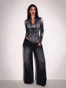 SHEIN ICON 女款蜘蛛圖案休閒哥德風性感日常夜店長袖連身衣，萬聖節深灰色秋季款 - 彩色 - 查看 8