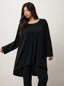 Enliva Plus Size Batwing Asymmetrical Tunic Tee Apple Fall - Black - View 4