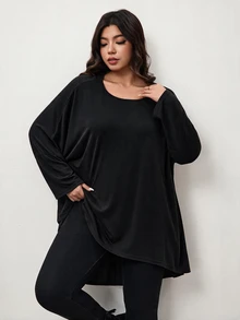 Enliva Plus Size Batwing Asymmetrical Tunic Tee Apple Fall - Black - View 7