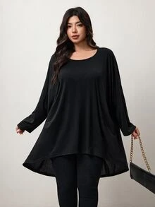 Enliva Plus Size Batwing Asymmetrical Tunic Tee Apple Fall - Black - View 3