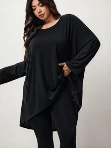 Enliva Plus Size Batwing Asymmetrical Tunic Tee Apple Fall - Black - View 6