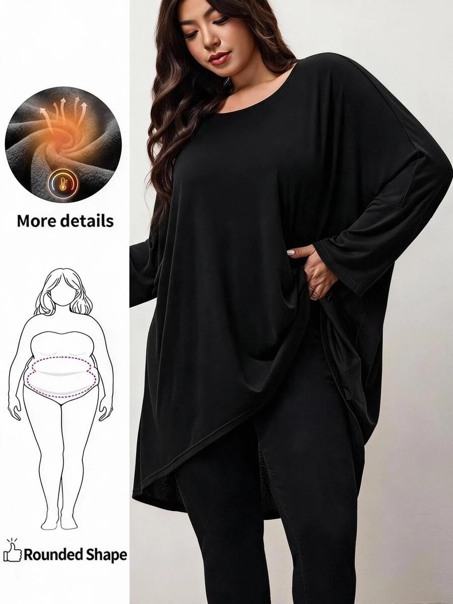 Enliva Plus Size Batwing Asymmetrical Tunic Tee Apple Fall - Black - View 1
